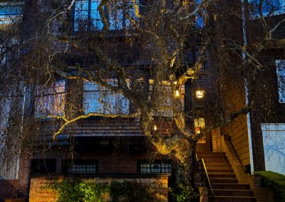 Pacific Heights Jewel: Creative brickwork fronting a 100-year-old house with custom bike shed and family heritage tree as focal point.