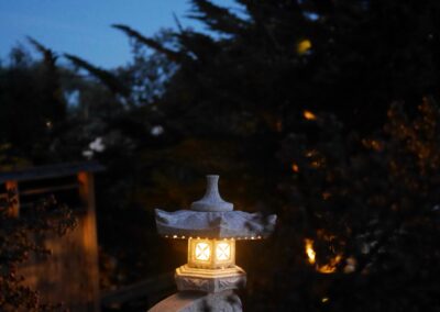 Pacific Rim Fusion: On a steep site under sandy conditions we melded Japanese aesthetics with landscape lighting and California native plants.