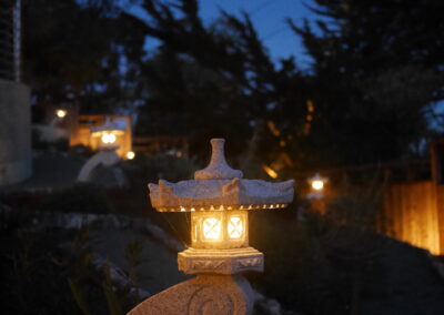 Pacific Rim Fusion: On a steep site under sandy conditions we melded Japanese aesthetics with landscape lighting and California native plants.