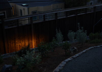 Pacific Rim Fusion: On a steep site under sandy conditions we melded Japanese aesthetics with landscape lighting and California native plants.