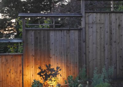 Pacific Rim Fusion: On a steep site under sandy conditions we melded Japanese aesthetics with landscape lighting and California native plants.